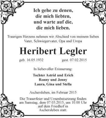 Traueranzeige von Heribert Legler von Super Sonntag Aschersleben