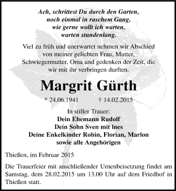 Traueranzeige von Margrit Gürth von Mitteldeutsche Zeitung Wittenberg