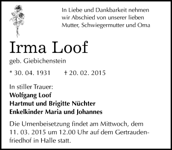Traueranzeige von Irma Loof von Mitteldeutsche Zeitung Halle/Saalkreis