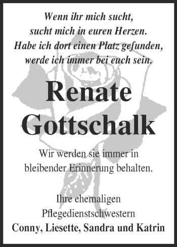 Traueranzeige von Renate Gottschalk von Super Sonntag Quedlinburg