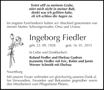 Traueranzeige von Ingeborg Fiedler von Mitteldeutsche Zeitung Naumburg/Nebra