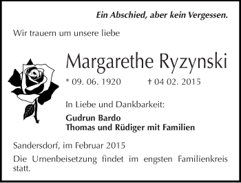 Traueranzeige von Margarethe Ryzynski von Mitteldeutsche Zeitung Bitterfeld