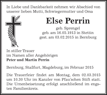 Traueranzeige von Else Perrien von Super Sonntag Bernburg