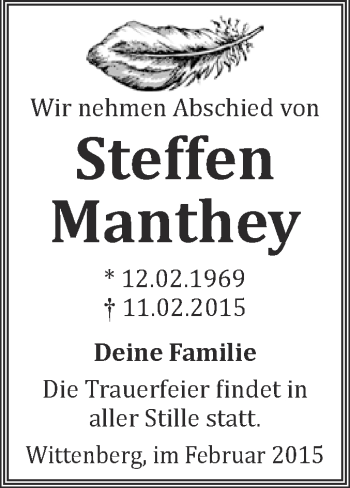 Traueranzeige von Steffen Manthey von Super Sonntag Wittenberg