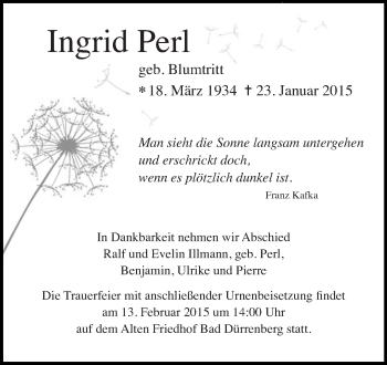 Traueranzeige von Ingrid Perl von Super Sonntag Merseburg