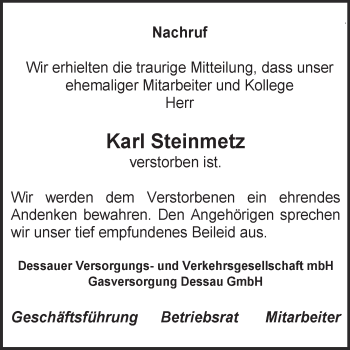 Traueranzeige von Karl Steinmetz von Super Sonntag Dessau / Köthen