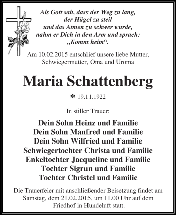 Traueranzeige von Maria Schattenberg von WVG - Wochenspiegel Dessau / Köthen