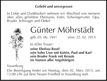 Traueranzeige von Günter Möhrstädt von Mitteldeutsche Zeitung Naumburg/Nebra