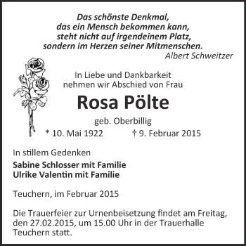 Traueranzeige von Rosa Pölte von WVG - Wochenspiegel NMB / WSF / ZTZ