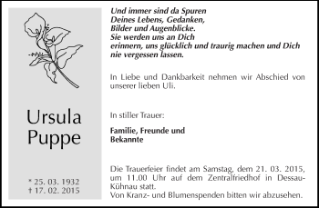 Traueranzeige von Ursula Puppe von WVG - Wochenspiegel Dessau / Köthen