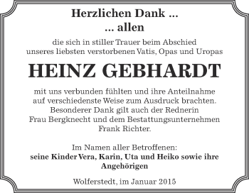Traueranzeige von Heinz Gebhardt von Super Sonntag Bernburg