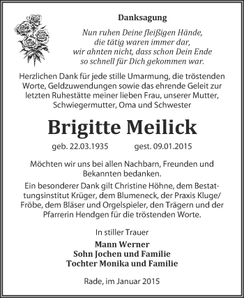 Traueranzeige von Brigitte Meilick von Super Sonntag Wittenberg