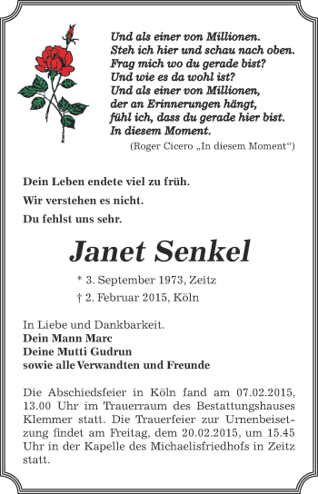 Traueranzeige von Janet Senkel von Super Sonntag Zeitz