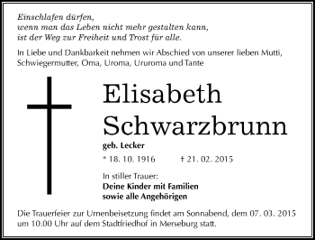 Traueranzeige von Elisabeth Schwarzbrunn von Mitteldeutsche Zeitung Merseburg/Querfurt