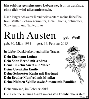 Traueranzeige von Ruth Austen von WVG - Wochenspiegel NMB / WSF / ZTZ