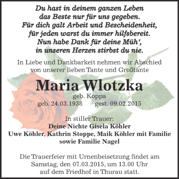 Traueranzeige von Maria Wlotzka von WVG - Wochenspiegel Dessau / Köthen