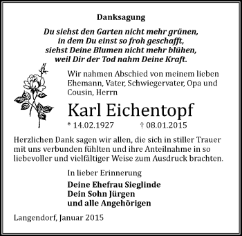 Traueranzeige von Karl Eichentopf von Mitteldeutsche Zeitung Weißenfels