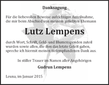 Traueranzeige von Lutz Lempens von WVG - Wochenspiegel Merseburg