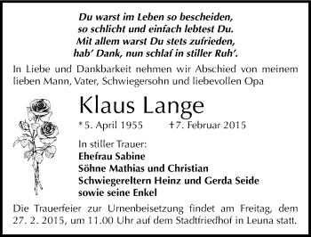Traueranzeige von Klaus Lange von Mitteldeutsche Zeitung Merseburg/Querfurt