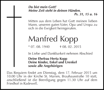 Traueranzeige von Manfred Kopp von Mitteldeutsche Zeitung Halle/Saalkreis