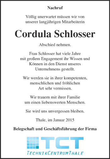 Traueranzeige von Cordula Schlosser von Super Sonntag Quedlinburg