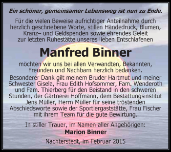 Traueranzeige von Manfred Binner von Super Sonntag Aschersleben