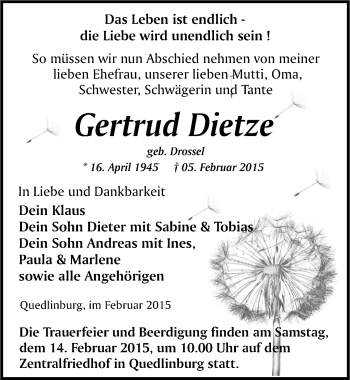 Traueranzeige von Gertrud Dietze von Mitteldeutsche Zeitung Quedlinburg
