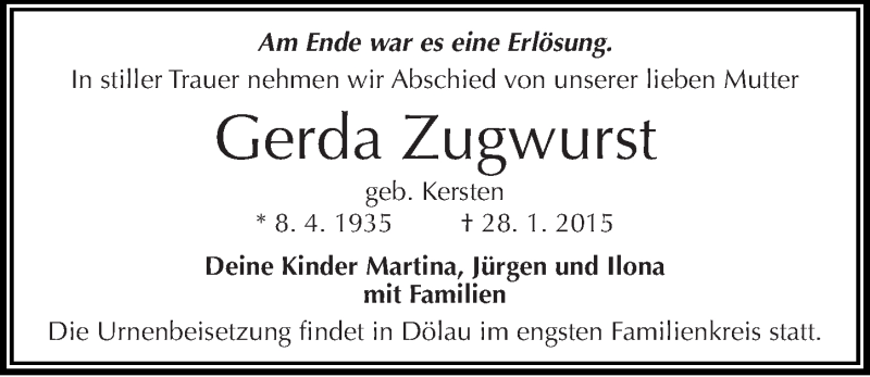  Traueranzeige für Gerda Zugwurst vom 04.02.2015 aus Mitteldeutsche Zeitung Halle/Saalkreis
