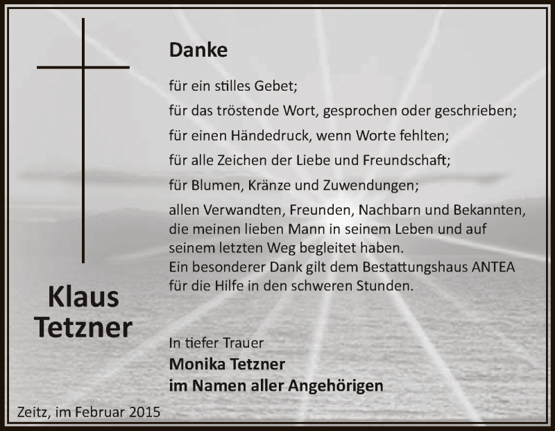  Traueranzeige für Klaus Tetzner vom 15.02.2015 aus Super Sonntag Zeitz