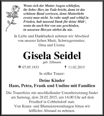 Traueranzeige von Gisela Seidel von WVG - Wochenspiegel Dessau / Köthen