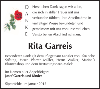 Traueranzeige von Rita Garreis von WVG - Wochenspiegel Quedlinburg
