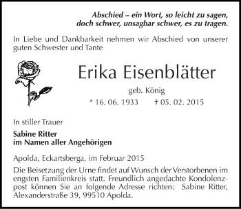Traueranzeige von Erika Eisenblätter von Mitteldeutsche Zeitung Naumburg/Nebra