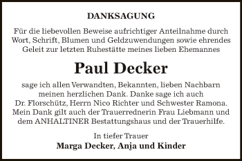 Traueranzeige von Paul Decker von WVG - Wochenspiegel Dessau / Köthen