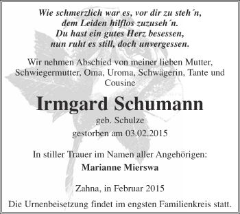 Traueranzeige von Irmgard Schumann von Super Sonntag Wittenberg