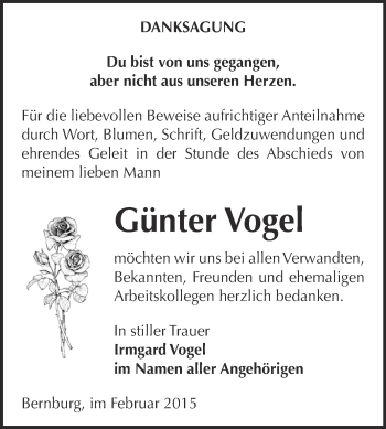 Traueranzeige von Günter Vogel von Super Sonntag Bernburg
