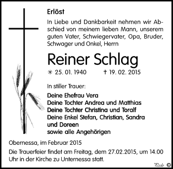 Traueranzeige von Reiner Schlag von Mitteldeutsche Zeitung Weißenfels