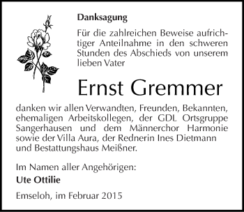 Traueranzeige von Ernst Gremmer von Mitteldeutsche Zeitung Sangerhausen