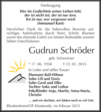 Traueranzeige von Gudrun Schröder von WVG - Wochenspiegel SGH