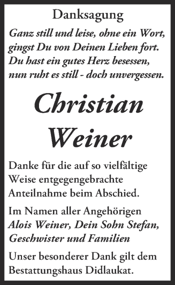 Traueranzeige von Christian Weiner von Super Sonntag Quedlinburg