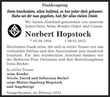 Traueranzeige von Norbert Hopstock von Super Sonntag SGH Mansf. Land
