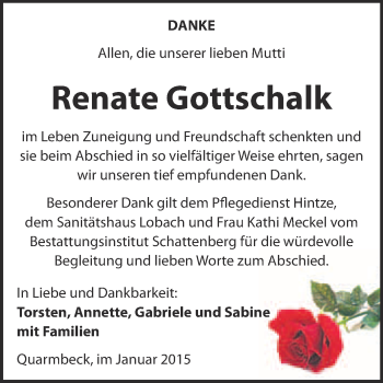 Traueranzeige von Renate Gottschalk von Super Sonntag Quedlinburg
