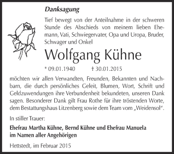Traueranzeige von Wolfgang Kühne von Super Sonntag SGH Mansf. Land