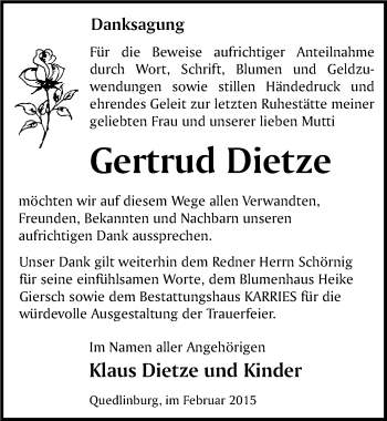 Traueranzeige von Gertrud Dietze von Mitteldeutsche Zeitung Quedlinburg
