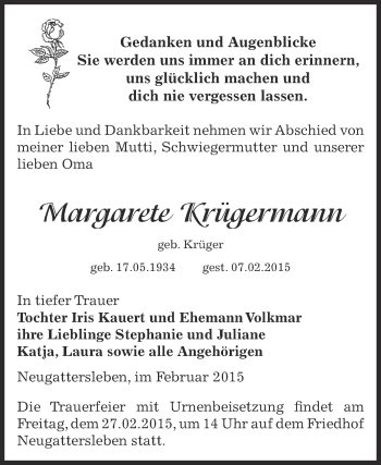 Traueranzeige von Margarete Krügermann von Super Sonntag Bernburg