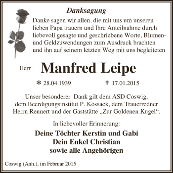 Traueranzeige von Manfred Leipe von WVG - Wochenspiegel Dessau / Köthen