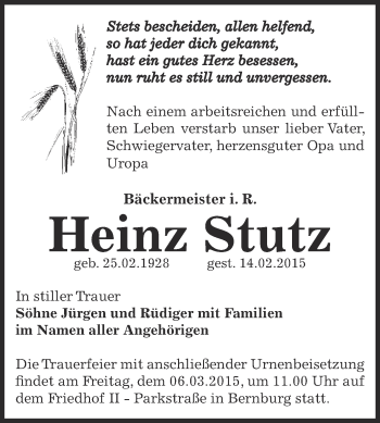 Traueranzeige von Heinz Stutz von Super Sonntag Bernburg