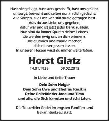 Traueranzeige von Horst Glatz von WVG - Wochenspiegel Dessau / Köthen