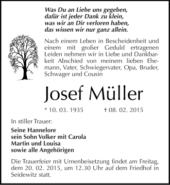 Traueranzeige von Josef Müller von Mitteldeutsche Zeitung Naumburg/Nebra