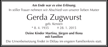 Traueranzeige von Gerda Zugwurst von Mitteldeutsche Zeitung Halle/Saalkreis