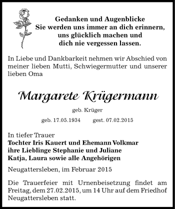 Traueranzeige von Margarete Krügermann von Mitteldeutsche Zeitung Bernburg